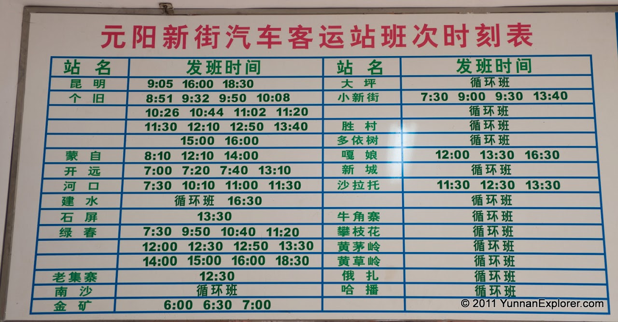 Picture: Busses to Kunming, Mengzi, Gejiu etc. For more connections go down to Nansha first. 