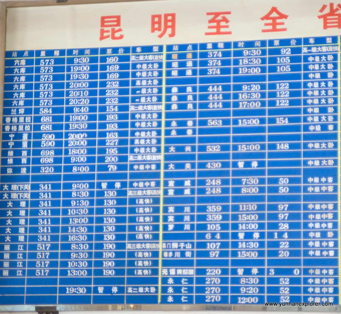 Picture: Busterminal serving Yunnan's western areas: Dali, Nujiang, Diqing, Dehong, Baoshan, parts of Lincang. The terminal opened in Nov 2009 You can find a sort of time-table online at http://www.km-ky.com/2010/0208/111.html. The blue time-tables date back to the previous stations, beware, they might be quite outdated, but there is no detailed time-table posted in the station.