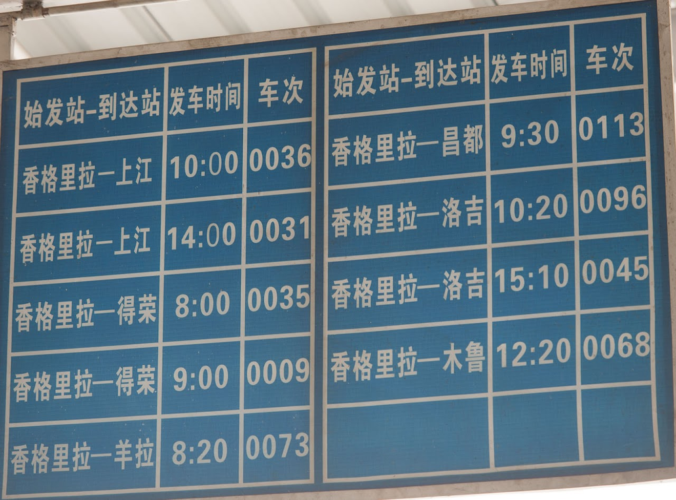 Picture: Xianggelila's big bus-station has services to Kunming, Lijiang, Deqin, Weixi as well as smaller destinations. There are also connections to Sichuan and Tibet. 