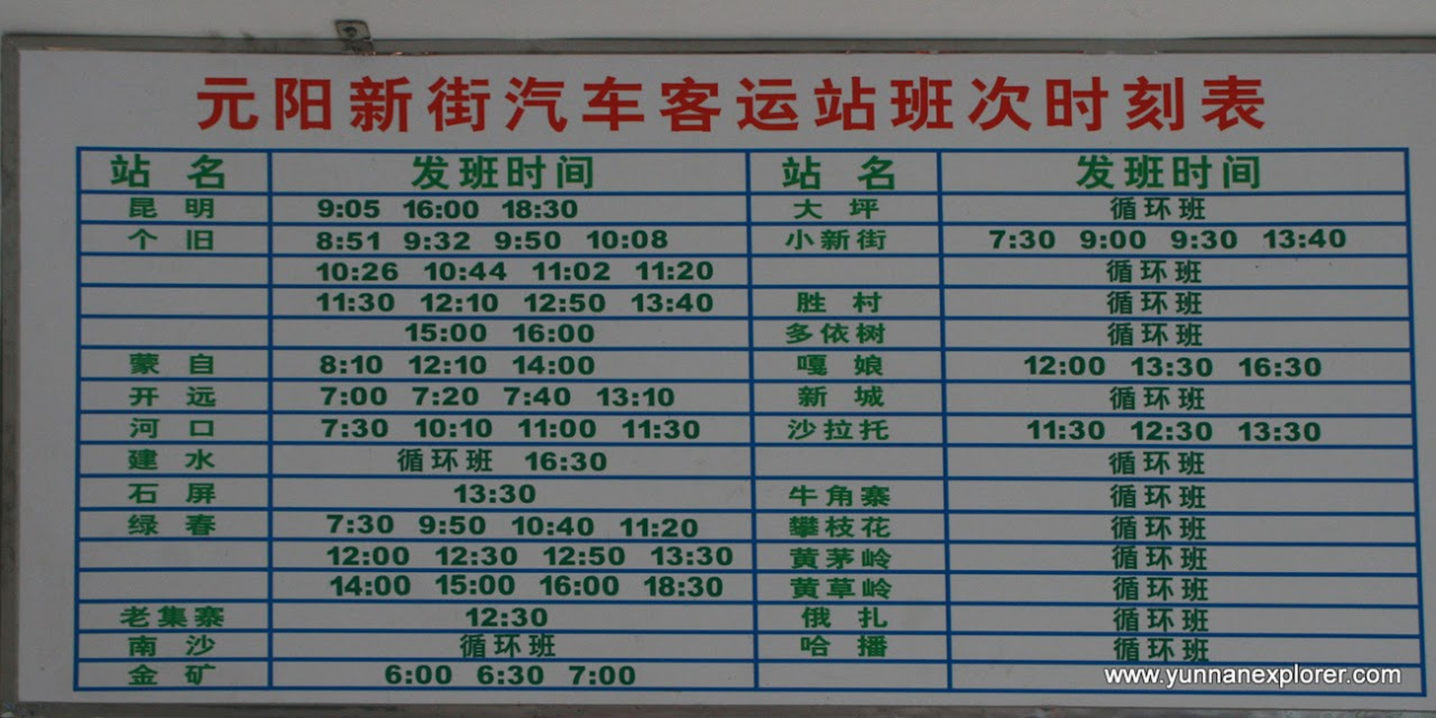 Picture: Busses to Kunming, Mengzi, Gejiu etc. For more connections go down to Nansha first. 